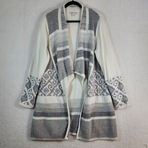 Coldwater Creek Women Sz L Cardigan Sweater White Gray Open Front Boho Cozy